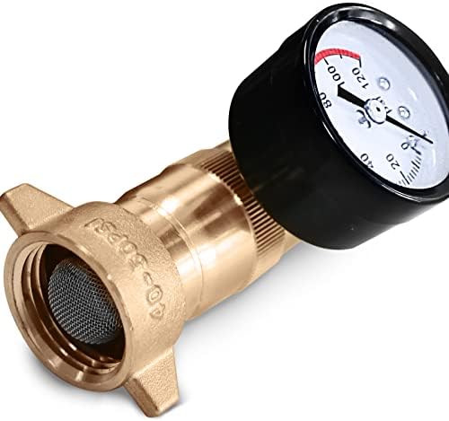 Регулатор за притисок на водата од месинг RV со мерач и филтерски екран, 3/4 ”NH без олово монитор на цревото за вода, за RV кампер, приколка
