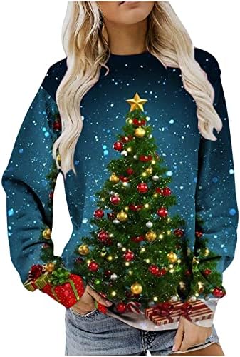 Неонски осветлуваат маици за елки за жени трендовски 3/4 ракав Среќен Божиќ сјај врвови на обични кошули со екипаж на екипаж