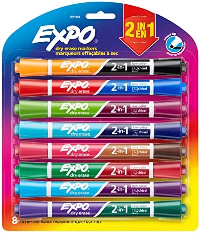 Expo Dry Erase 2-In-1 маркери, врзан од длето, разновиден, 8 брои и изложба со низок мирис на суво бришење на миризби, фини врвови, разновидни