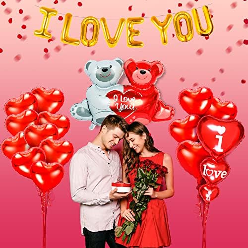 Денот на вљубените Балони Украси Комплет-Плишано Мече Фолија Балони| 20 парчиња Милар Црвено Срце Во Облик На Балони | ТЕ САКАМ