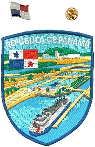 A-One 2 PCS Pack- Canal Canal Landmark Shield Patch+Panama Flag Lapel Pin, Canal de Panamá, Patch Central America, Sew on/Iron на лепенка за јакни со фармерки за облека, извезена амблем значка бр.371p