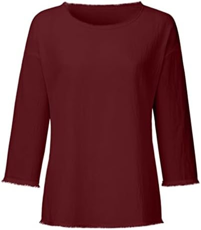 Памучни постелнини врвови за жени 3/4 ракав Цврста боја Обична блуза лабава екипаж удобни основни кошули за туника