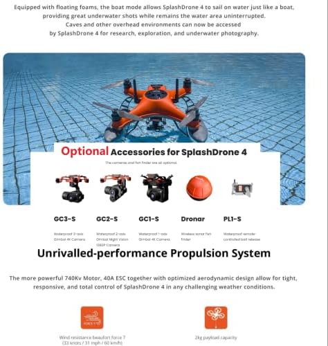 Sprashdrone Splashdrone 4 Roader Drone 2kg Payload 3-оски Gimbal 4K камера беспилотни летала, 38mph 5km фрли IP67 водоотпорен дрон со пронаоѓач на риба со сонар