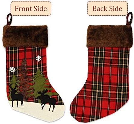 20 инчи лос Божиќни чорапи, единечни црни елени ирваси Бафало карираат симпатична рустикална фарма куќа Божиќ, порибување со снегулка