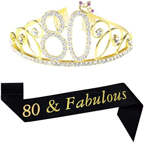 80 -та Бритдеј злато Тијара и Саш, 80 и прекрасен сјај Сатен Саш и Кристал Ринестон Роденденска круна за среќна 80 -та роденденска