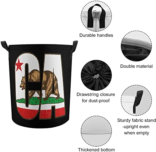 Калифорнија Мечка Знаме Тркалезна Торба За Перење Водоотпорна Пречка за Складирање Со Капак И Рачка За Врвки