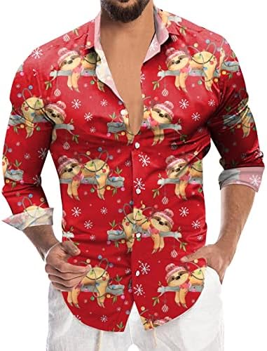 Gdjgta Mens Fashion Casual Casual Christmas Digital Digital 3D Printing Holiday Lapel копче Долг ракав кошула кошула копнеа за ракави