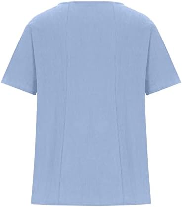Преголеми врвови со памучни постелнини за жени трендовски цветни печати кратки ракави кошули со екипаж летни лабави фит -копчиња со блузи