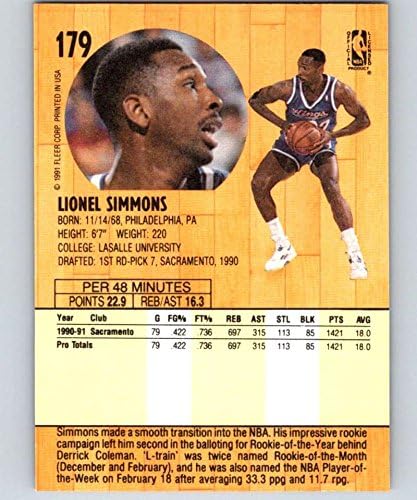 1991-92 Флеер серија 1 кошарка 179 Лионел Симонс Сакраменто кралеви Официјална картичка за тргување во НБА