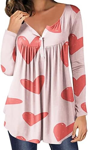 Блузи за Денот на вineубените за жени, лежејќи го копчето со долги ракави надолу на врвовите на кошулата, симпатична срцева туника за хеланки