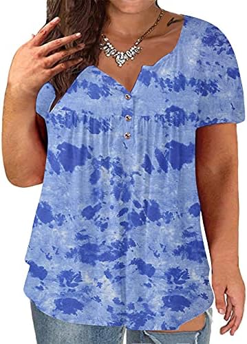 Преголема летна маица за жени за жени шарена вратоврска боја ја уништија врвовите на туниките против вратот кратки ракави обични блузи