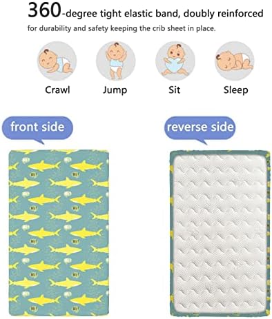 Ајкула со тематски опремени мини чаршафи, преносни мини креветчиња за креветчиња ултра меки материјали за креветчиња за девојчиња или момче, 24 „x38“, бледо морско з