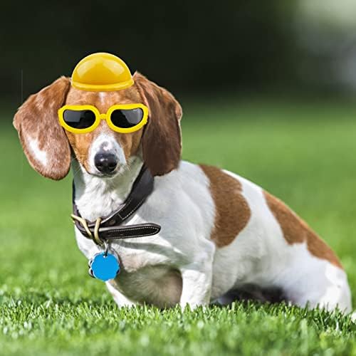 Шлемови за кучиња Хакрахо и сет на очила, 2 парчиња жолти 4 инчи ПЕТ куче моторцикл шлем и очила за сонце за безбедност на кучиња со прилагодлива