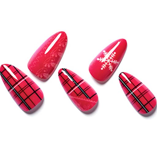 Божиќен Печат На Нокти Кратки Нокти Од Бадем, Снегулка Црвена Црна Решетка Лажни Нокти Со Дизајн Новогодишен Лепак На Нокти За Жени Средно