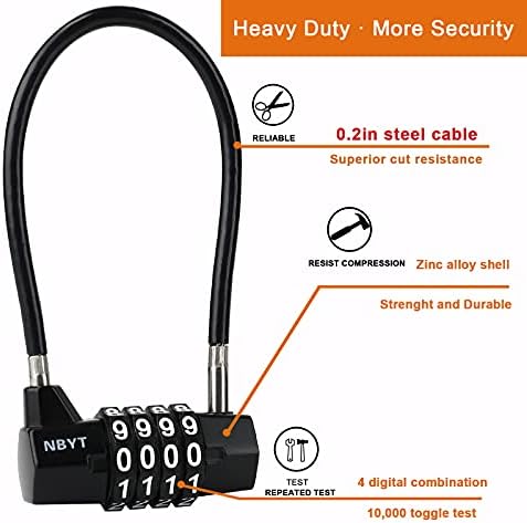 NBYT Steel Cable Rope 4-цифрен комбиниран заклучување, рачка на кабинетот, дијаметар3/16 , должина15, погоден за шкафчиња, ормани за датотеки, гардероби, мали огради, врата од фри