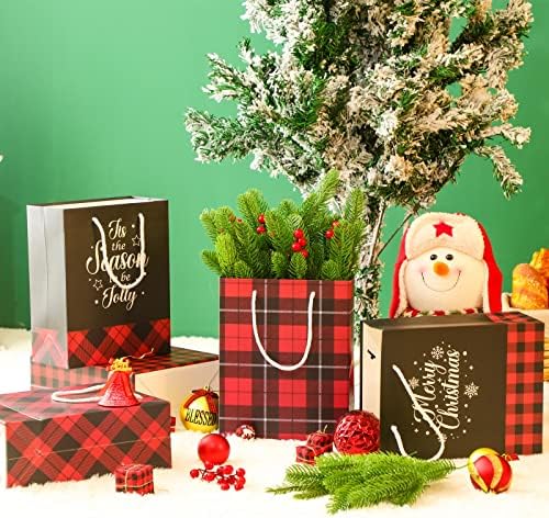 Линсија 12 Парчиња Божиќни Торби За Подароци Со Средна Големина 10 Биволска Карирана Хартиена Торба За Подароци Со Празнични Изреки Божиќна