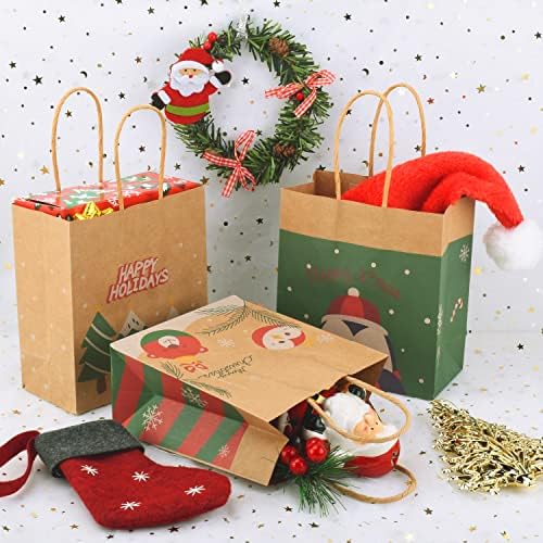 ЏОЈИН 32 Парчиња Божиќни Крафт Торби За Подароци со 8 Дизајни Божиќни Отпечатоци, Божиќни Празнични Хартиени Кеси, Торби За Подароци Рефус