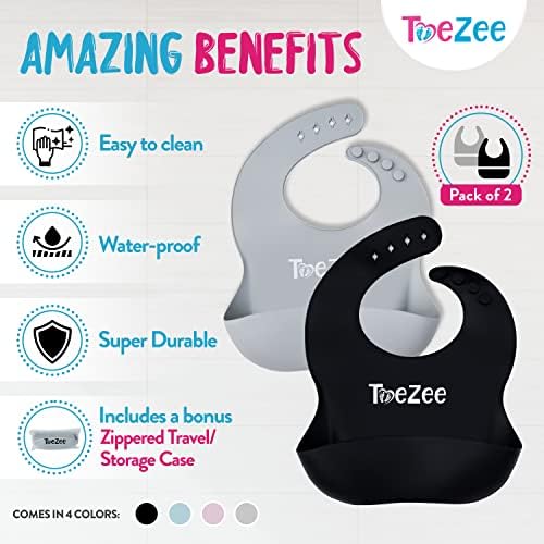 Toezee Silicone Bibs за бебиња - Широк фаќач на храна, силен и издржлив, оценка за храна, БПА бесплатно, прилагодлива и лесна за чистење