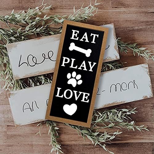 Mayavenue Eat Play Love Dorch Pronc Torm Decor знак, 5 x 10 инчи рустикален стил на отворено дрвено милениче висина wallидна уметност за домашна декор знак за lубител на миленичиња