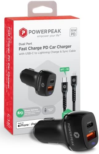 PowerPeak Car Charger, Diual Port Fast Charge PD, вклучуваат синхронизација на кабелот USB-C на Молња-за адаптер за полнач за автомобили на