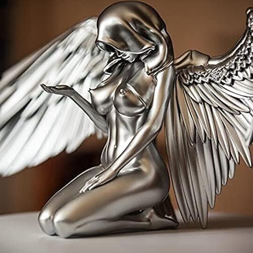 статуа украс Имитација Метална скулптура на колена ангел со отворено крилја уметност ангел, женски крилен крилен крилен колена на наметка за намет