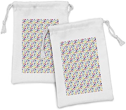 Ambesonne Азбучна ткаенина торбичка сет од 2, асиметрично повторување на едноставни разнобојни букви со цвеќиња и лиснати гранки, мала торба