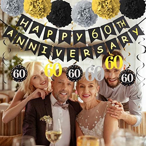 60-Годишнината Украси Материјали Комплет-Злато Сјајот Среќен 60-годишнината Банер, 9 парчиња Пенливи 60 Виси Вител, 6 парчиња Пом - за 60-Годишнината Од Бракот Партија Ук