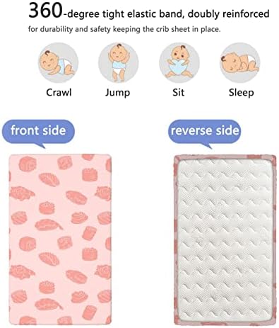 Суши тематски опремени мини чаршафи за креветчиња, преносни мини креветчиња со меки и дишени чаршафи за креветчиња за креветчиња за девојче или момче, 24 „x38“, Роуз
