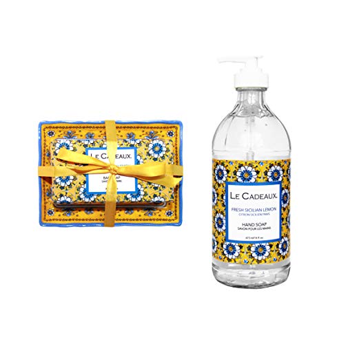 Ле Луксузно миење на луксузно миење на рацете во декоративно стакло шише со бар сапун и сет за садови, свеж сицилијански лимон