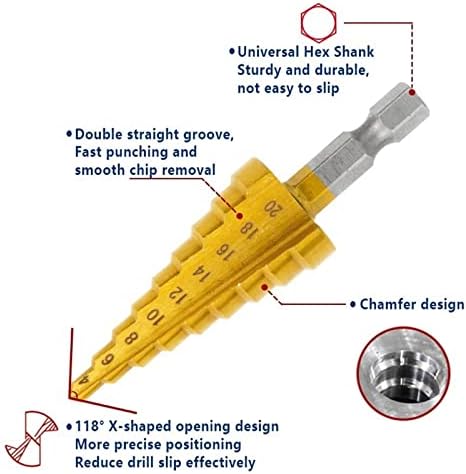 Zthome Step Cone Drible Bit 3-12/4-12/4-20mm дупка обложена дрвена метал зачекори вежба со права дупчење бит
