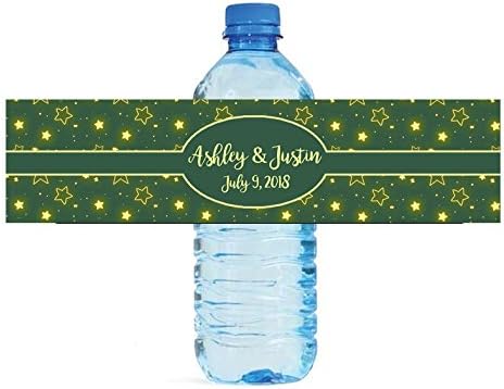 Блескави starsвезди на зелена позадина на свадбата годишнина од роденденски шише со шише со вода