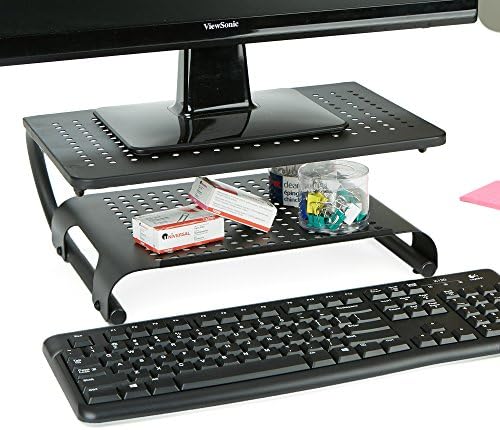 Mind Reader Mon2t-Blk Monitor Stand Riser, 2 ниво, вентилиран метал за компјутерски монитор, лаптоп, складирање за тастатура, црна боја