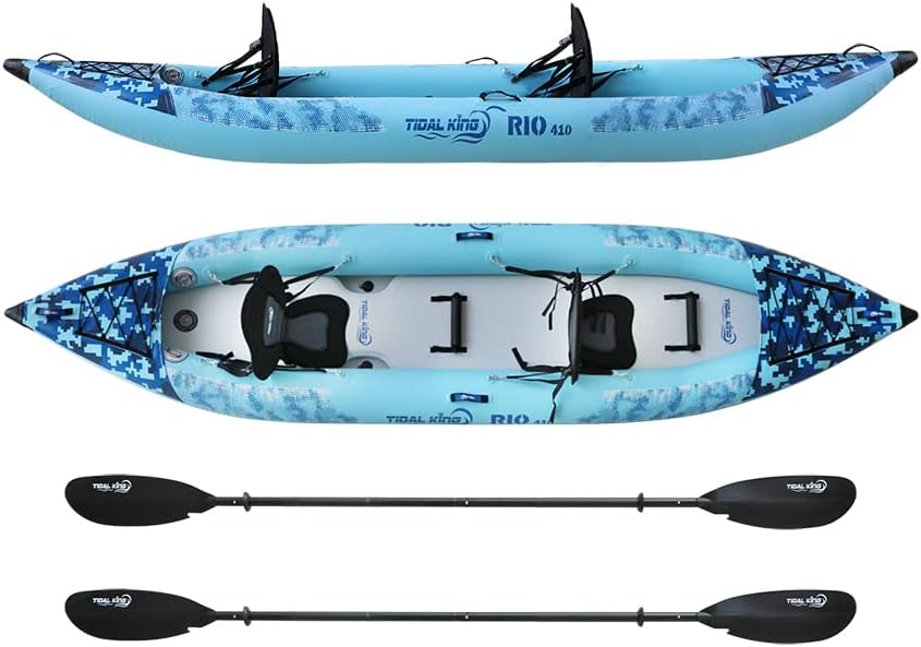 Tidal King Premium 2 лице надувување на кајак со 2x кајак лопатки, 2x седишта, пумпа, ранец, 20L сува торба, водоотпорен телефонски случај