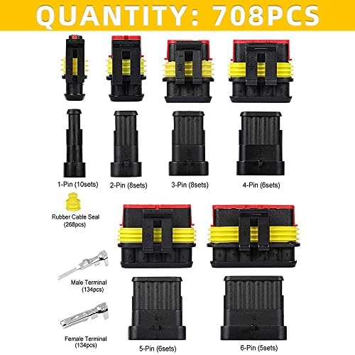 Амлибер 708PCS 43 комплети терминали на водоотпорен автомобилски електричен конектор 1/2/3/4/5/6 Машки и женски пински автомобилски конектори за