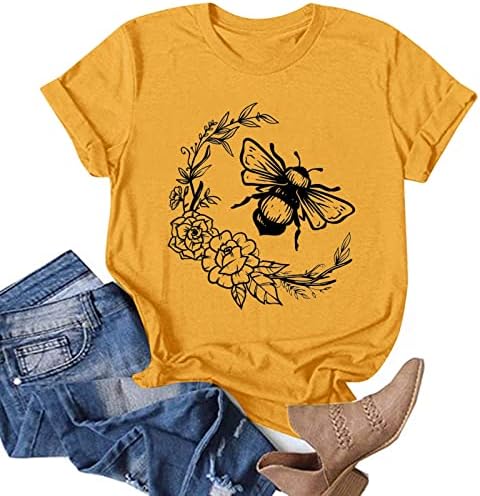 Женски пчели фестивал маици лето обични лабави кратки ракави врвови смешни пчели среќни букви печатени пуловерски маички