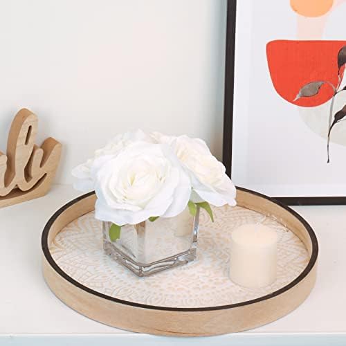 Низогер вештачки цвеќиња во вазна, бела свилена роза од роза во вазна, лажни цвеќиња со вазни букети аранжмани дома декорација за центри за трпезариска