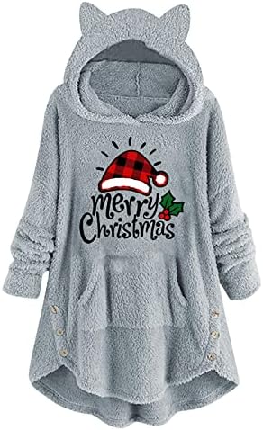 Christmasенски Божиќни дуксери со долги ракави, џемпер со качулка, симпатична Божиќна капа, печатење нејасно руно пуловер со џебови