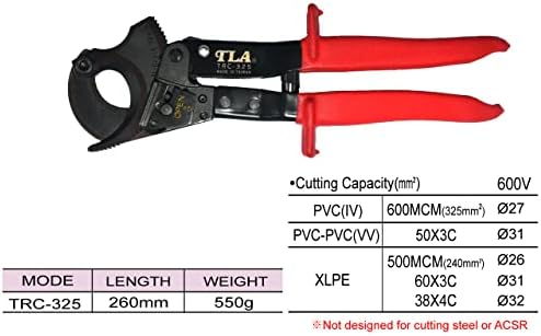 TLA TELEANTOOL TRC-325 RATCHET CABLE WIRE и тешки алуминиумски кабелски кабел за сечење на електрична жица до 325мм клетка клешти, црвено
