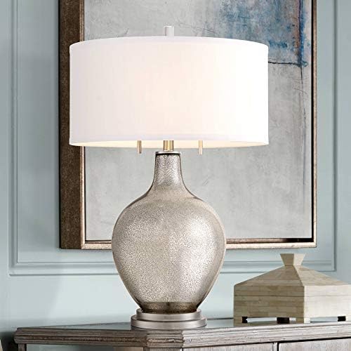 Посуни Евра дизајн Луи модерна луксузна табела за ламба 28 1/2 висока стакло од жива сребрена бела ткаенина тапан сенка за спална