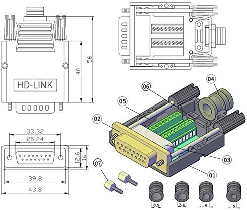 Jienk DB15 Mealse Mealse Female Female RS232 D-Sub Serial Adapters, 16 mm потенки 15 пински порта терминал за лаптоп за ладење на табла со додатоци за случаи