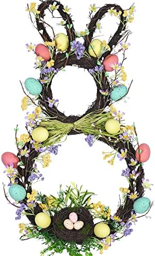 25 инчи вештачки велигденски венец за зајаци со пастелни јајца, варорт пролетен венец за влезна врата зајаче со лак, шарени цвеќиња
