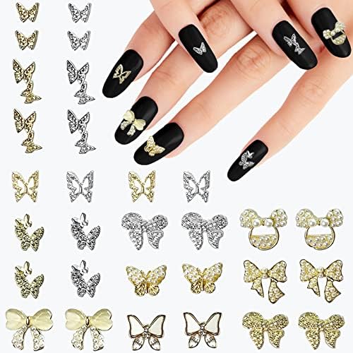 30 парчиња 3Д пеперутки нокти привлечни нокти Накити за украси за нокти за камења и привлечност Сребрена златна пеперутка со кристали дијаманти Rhinestones бисери за жен?