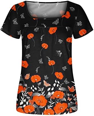 Женска vneck душичка деколте Топ кратки ракави памучни цветни графички обични лабави маица за блуза за дами II