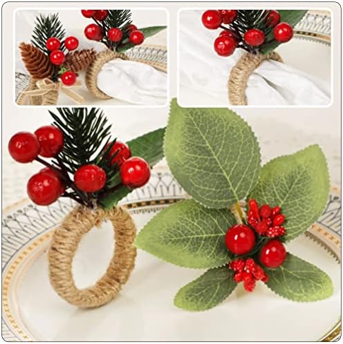 Абоофан Божиќна салфетка прстени борови конусни салфетки држач за прстени од борови игла црвени бобинки 6 парчиња божиќни борови