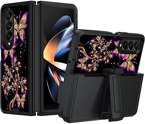ЈАНЕНФНА За Samsung Galaxy Z Fold 4 Случај, Galaxy Z Fold 4 Случај Со Футрола Појас Клип, Отпорен На Удари Солиден Случај со Kickstand За Samsung Galaxy Z Пати 4 5G 2022, Сјај Златни Пеперутки