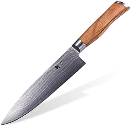 Ваколи Дамаск Готвач Нож-7,9-инчен нож-исклучително остар од 67 слоеви Вистински Јапонски Дамаск со маслиново дрво рачка, Маслиново Серија