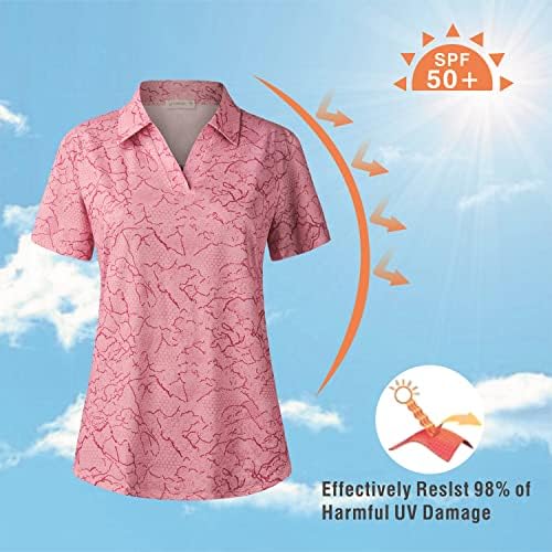 Women'sенски важен V-врат upf 50+ Заштита на сонце Печати краток ракав сув вклопат атлетски голф поло маица