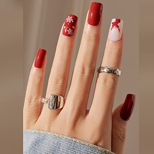 Божиќ на Вотакос на ноктите кратки плоштади лажни нокти црвени лажни нокти со божиќни елени сјајни стап на нокти за жени 409