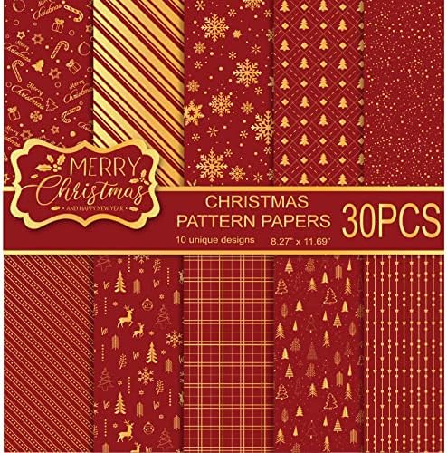 Miahart 30 листови Божиќна шема хартија сет A4 големина црвена и златна фестивал Декоративна занаетчиска хартија двострана за изработка