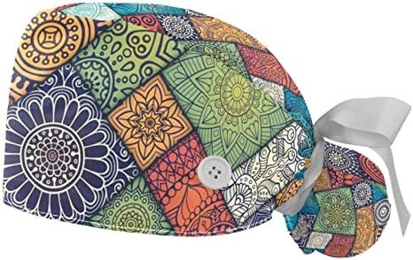 2 парчиња Шарена дијагонална цветна етничка шема работна капа со копчиња и лента за вратоврска за жени за жени